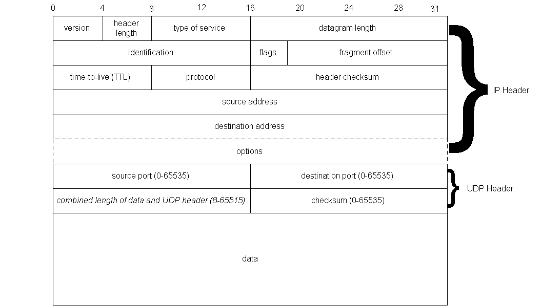 A diagram of the fields in a UDP header